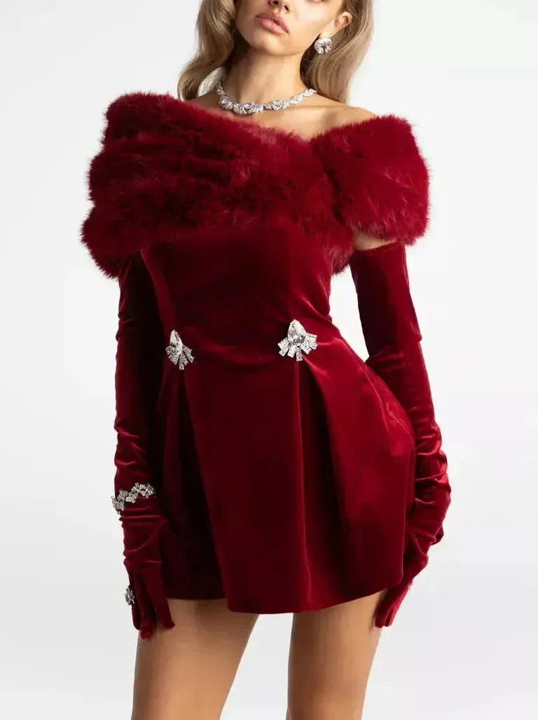 3-Piece Velvet Red Mini Dress with Long Gloves and Faux-Fur Shall