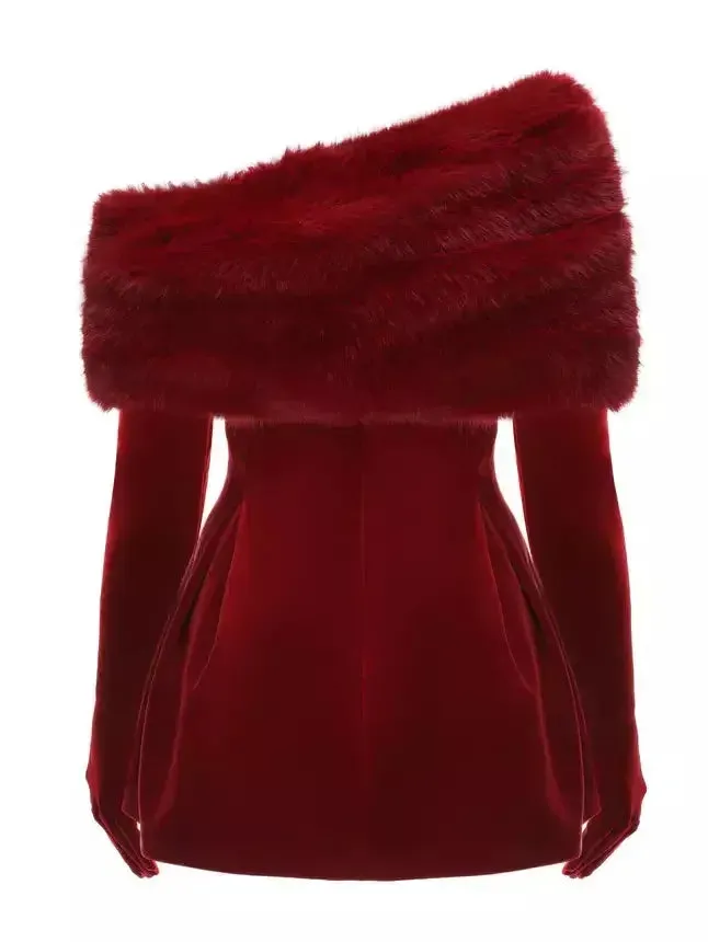 3-Piece Velvet Red Mini Dress with Long Gloves and Faux-Fur Shall