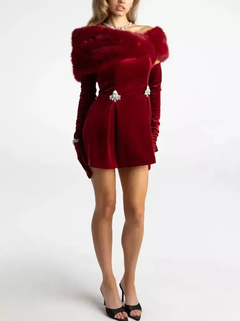 3-Piece Velvet Red Mini Dress with Long Gloves and Faux-Fur Shall