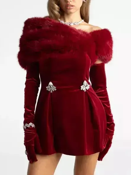3-Piece Velvet Red Mini Dress with Long Gloves and Faux-Fur Shall
