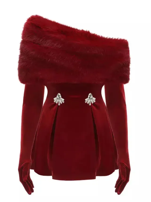 3-Piece Velvet Red Mini Dress with Long Gloves and Faux-Fur Shall