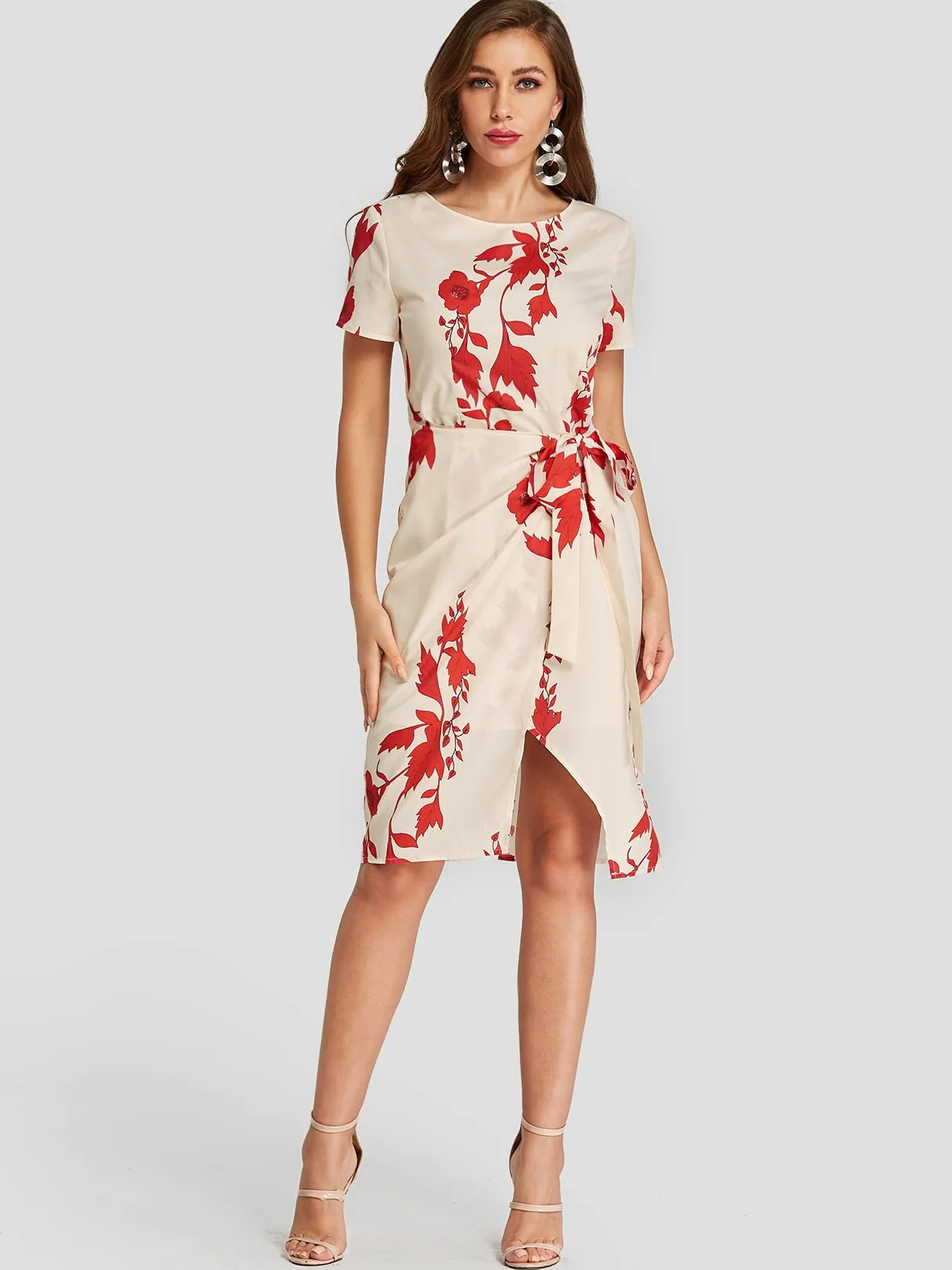 Apricot Round Neck Short Sleeve Floral Print Slit Irregular Hem Dresses
