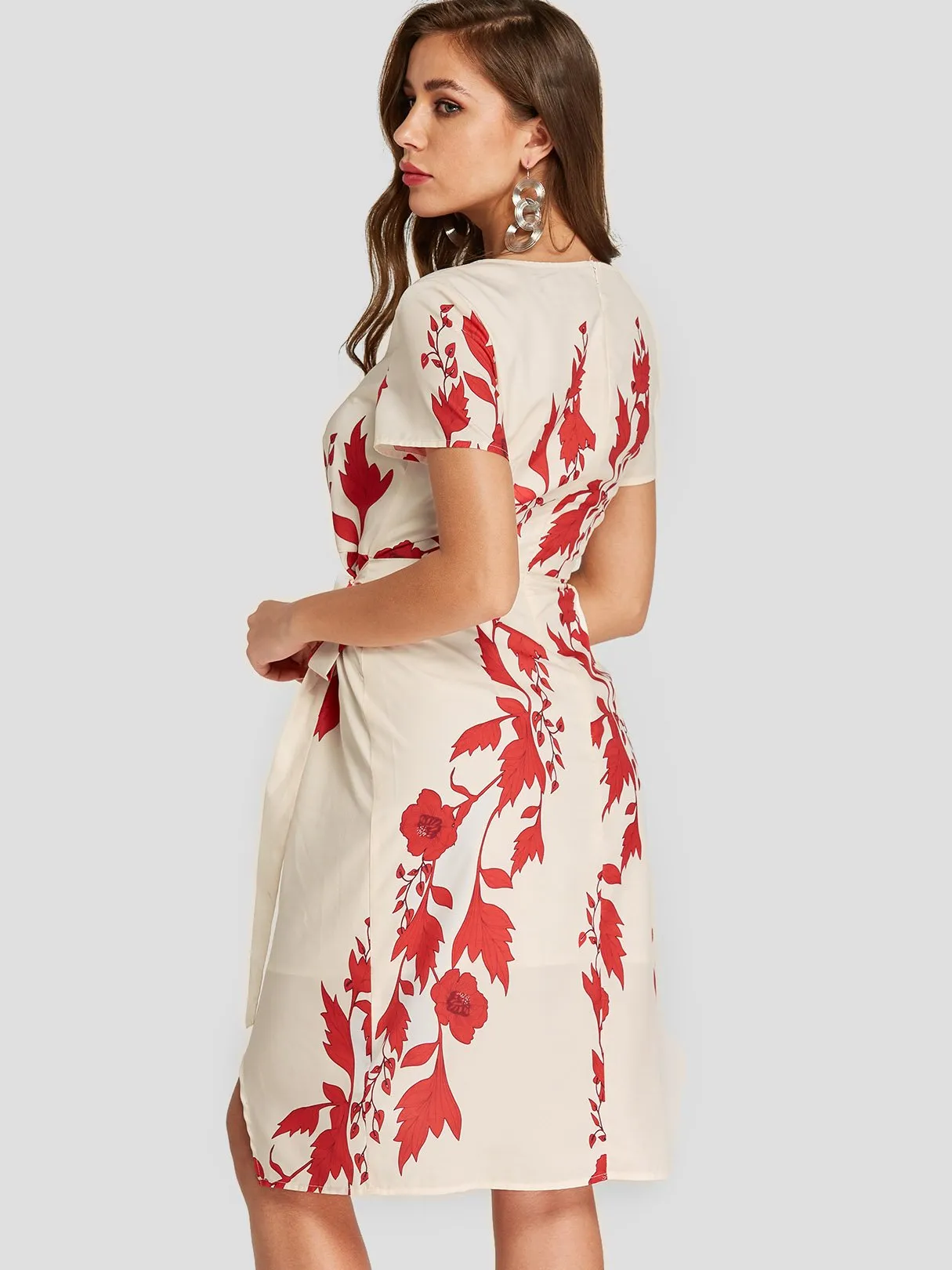 Apricot Round Neck Short Sleeve Floral Print Slit Irregular Hem Dresses