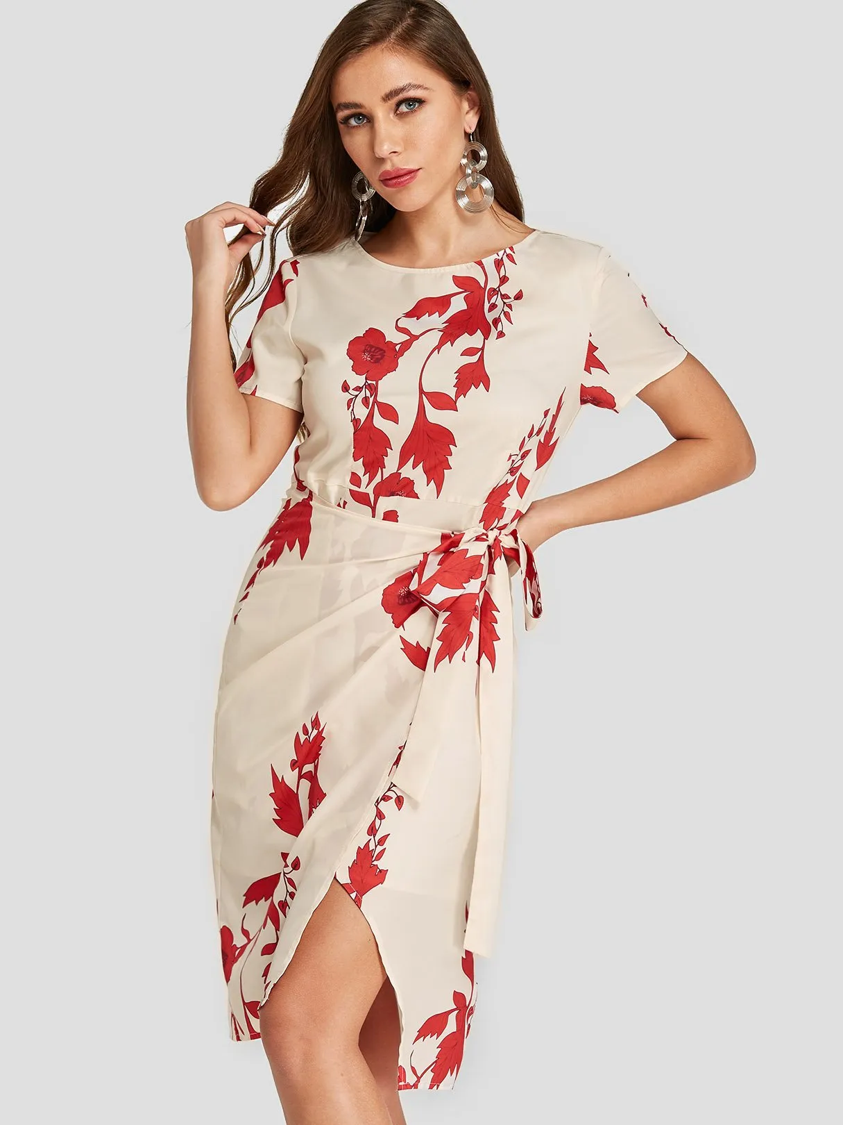Apricot Round Neck Short Sleeve Floral Print Slit Irregular Hem Dresses