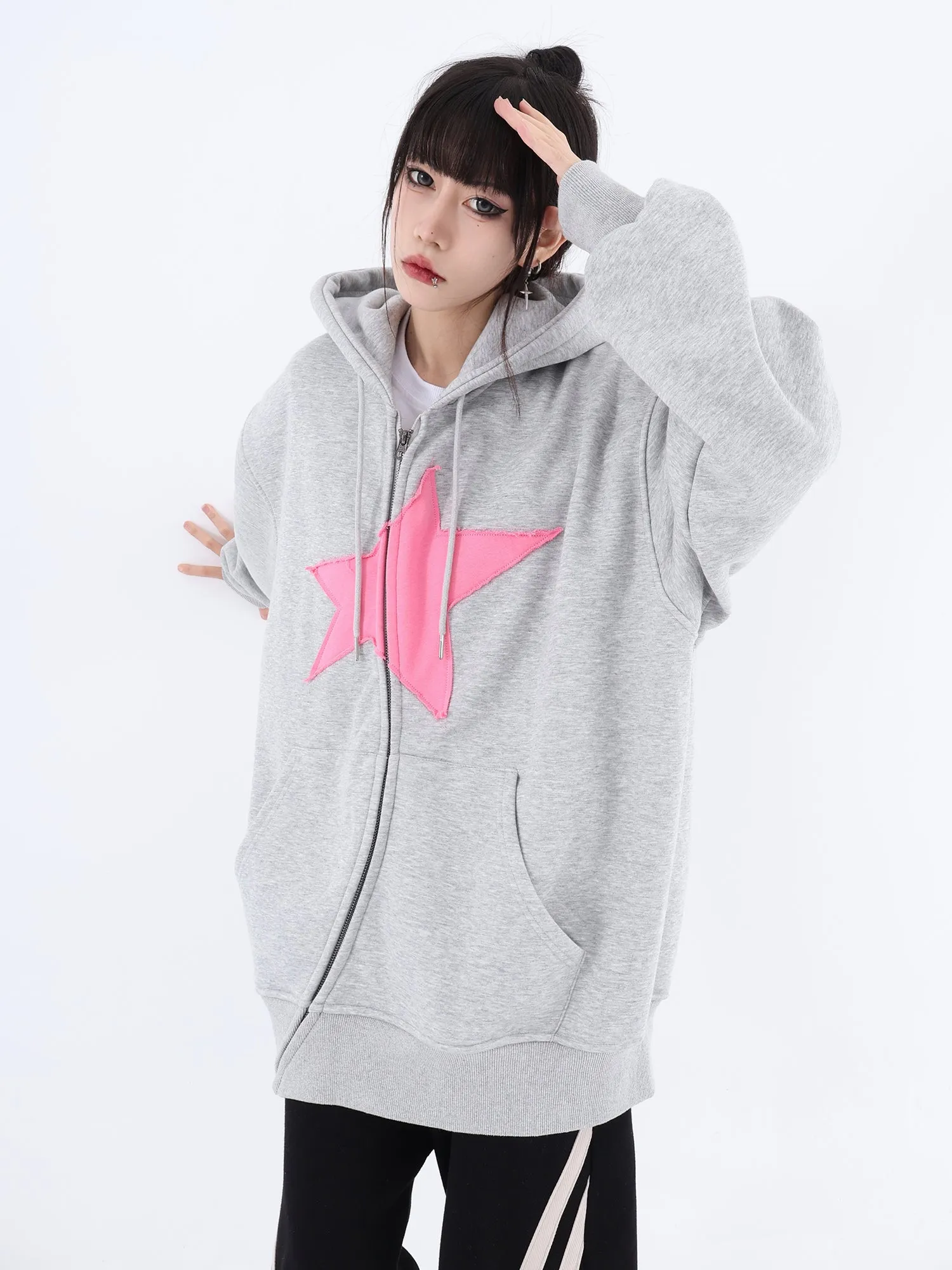 Asymmetric Zip Star Oversized Hoodie