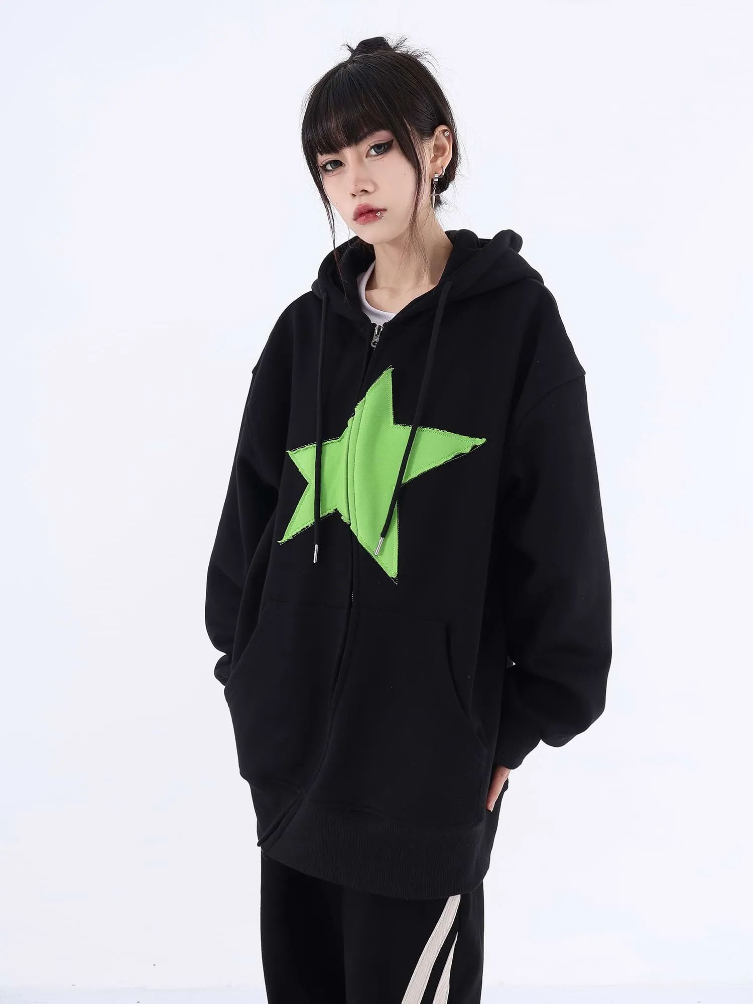 Asymmetric Zip Star Oversized Hoodie