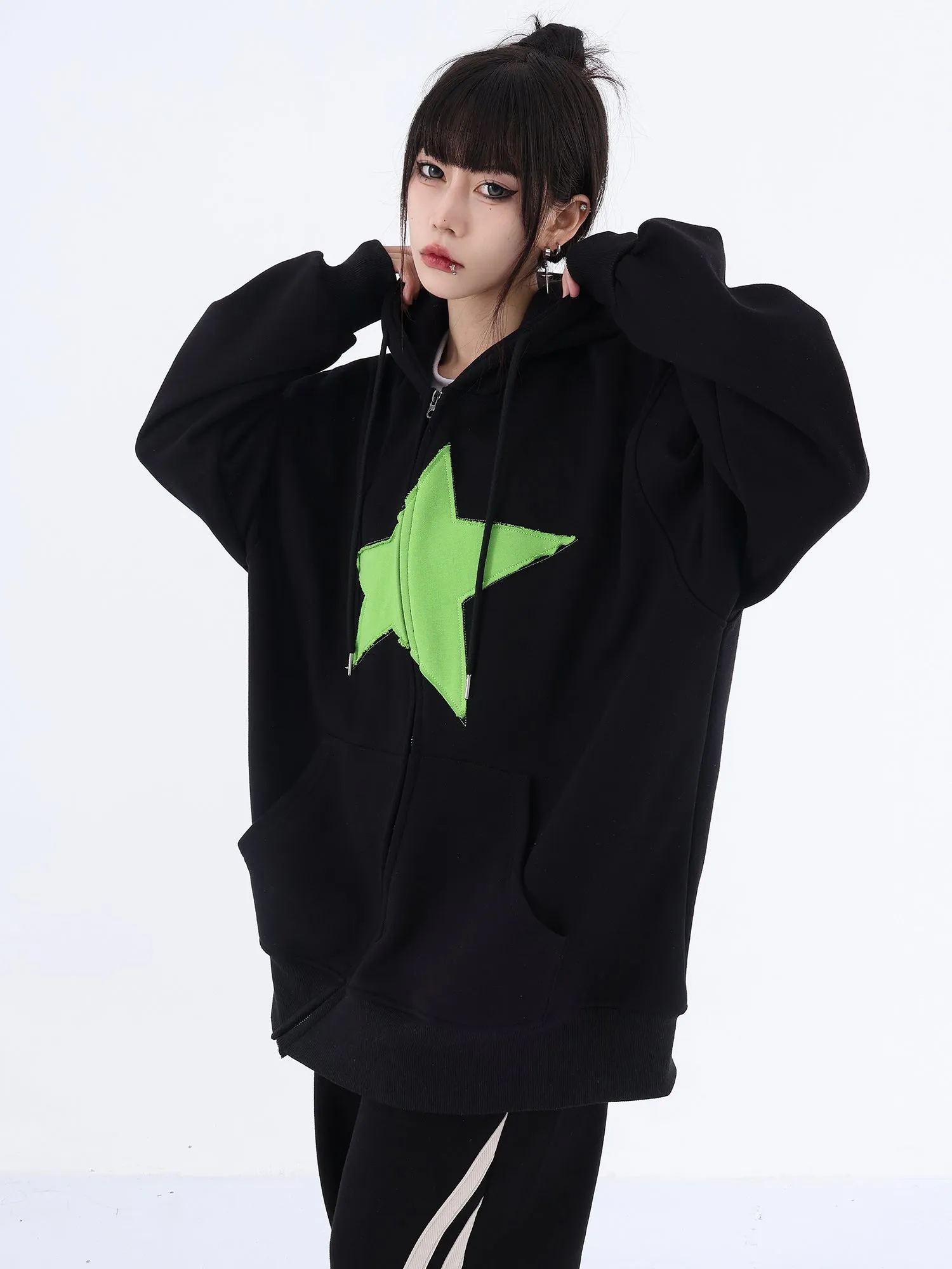 Asymmetric Zip Star Oversized Hoodie