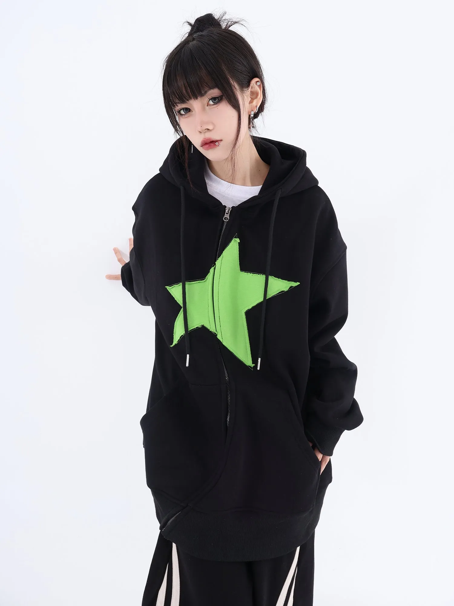 Asymmetric Zip Star Oversized Hoodie