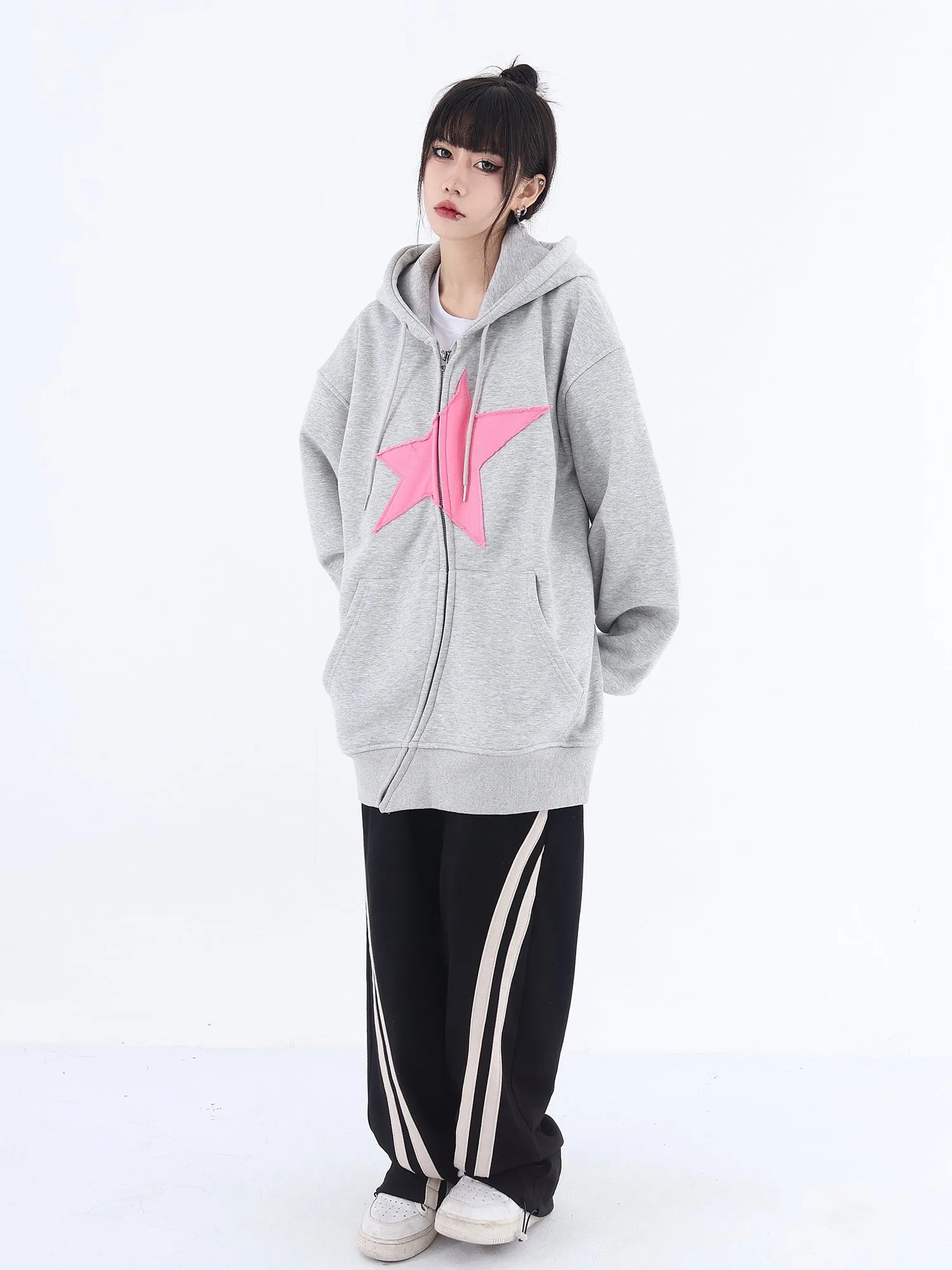 Asymmetric Zip Star Oversized Hoodie