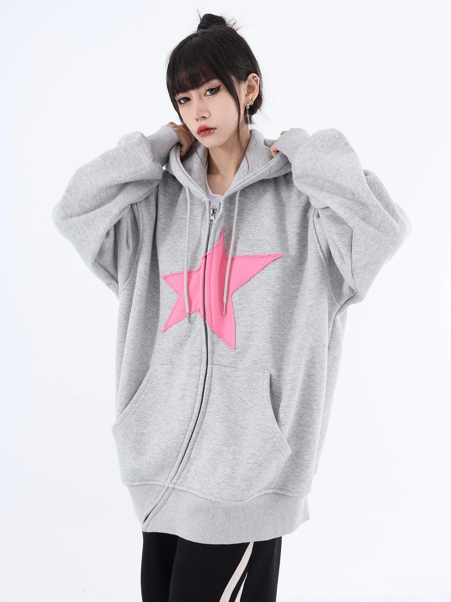 Asymmetric Zip Star Oversized Hoodie