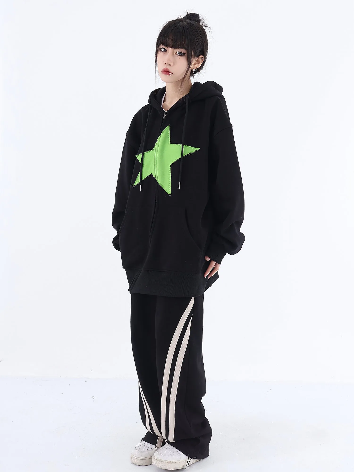 Asymmetric Zip Star Oversized Hoodie