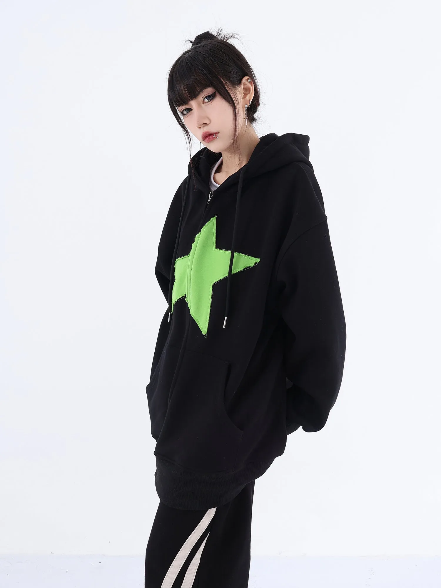 Asymmetric Zip Star Oversized Hoodie