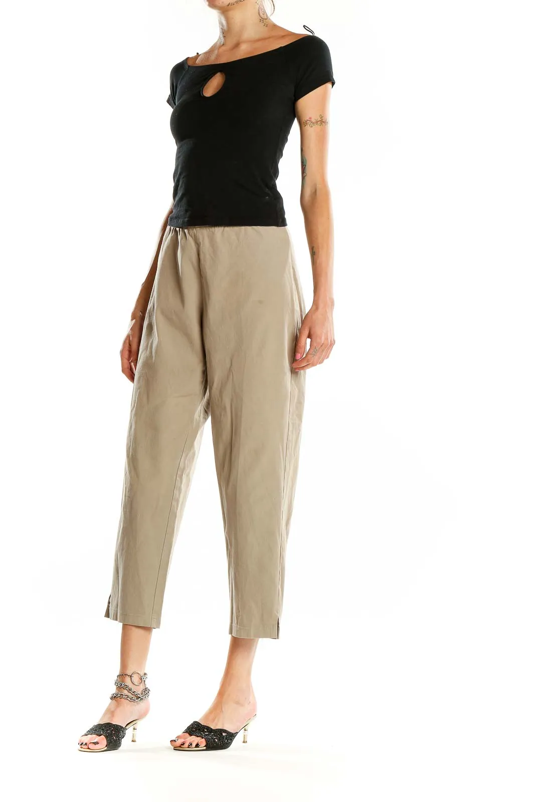Beige Cotton-Blend Cropped Pants