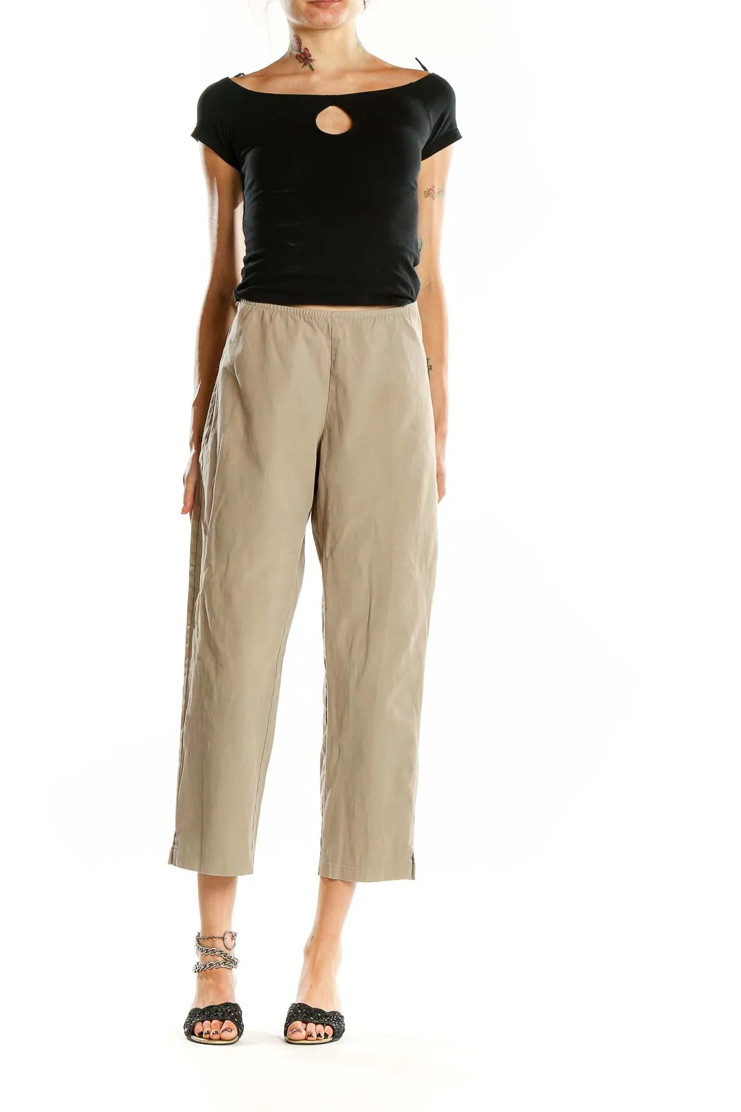 Beige Cotton-Blend Cropped Pants