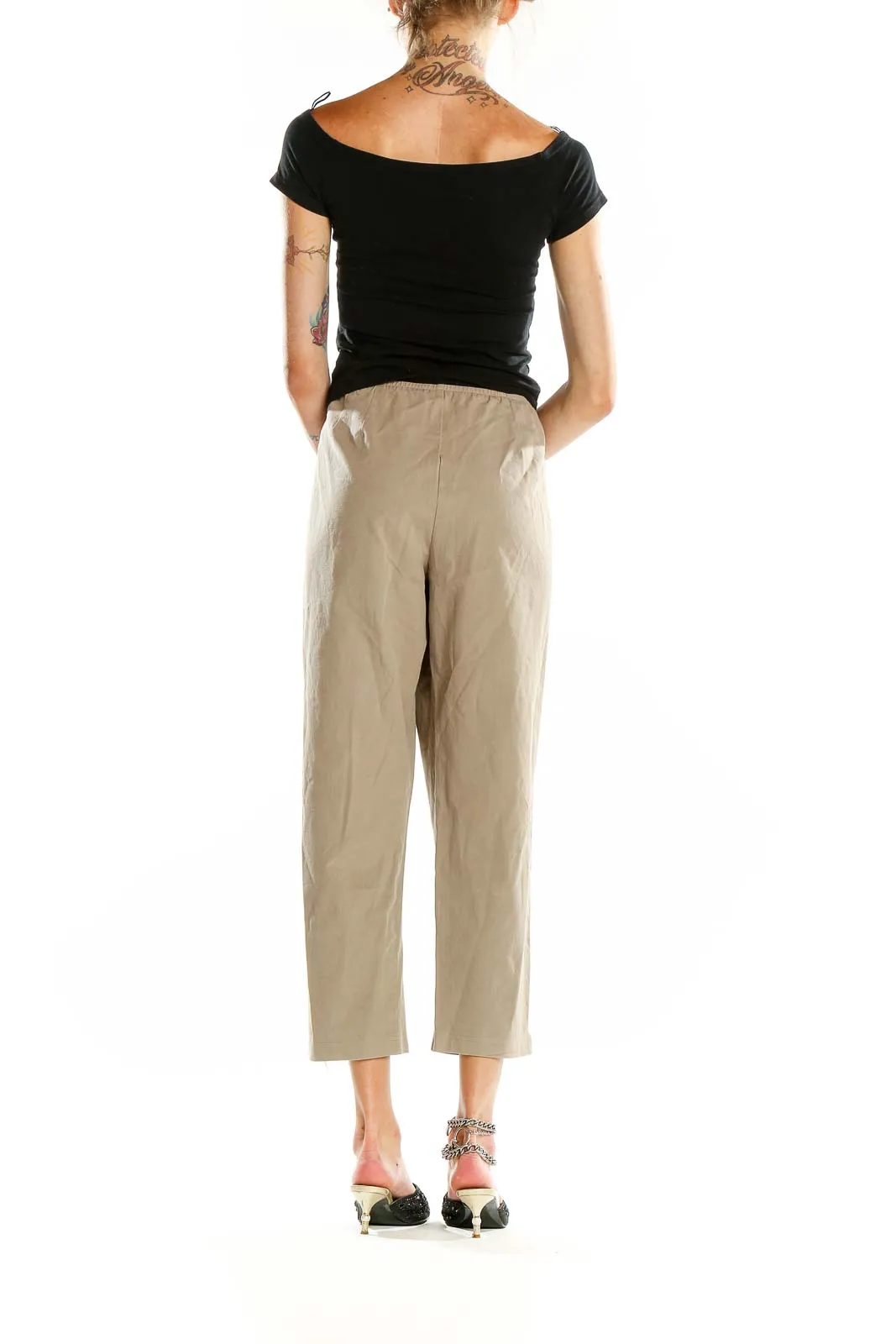 Beige Cotton-Blend Cropped Pants