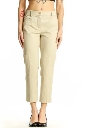 Beige Cotton-Blend Cropped Trousers