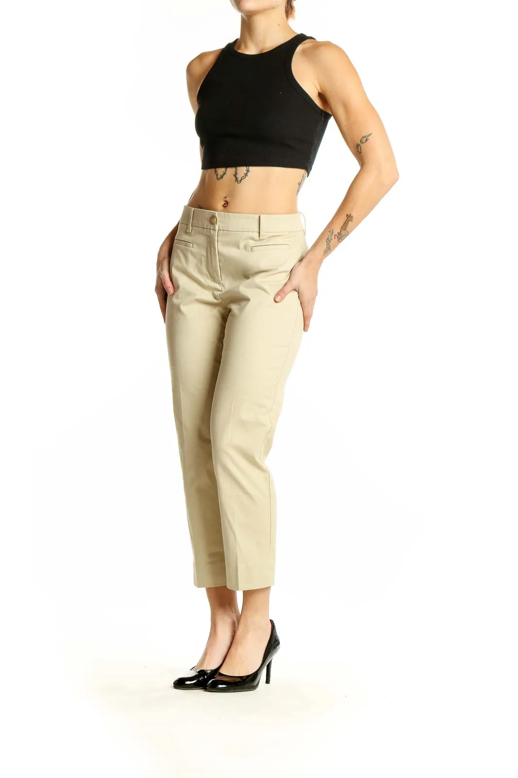 Beige Cotton-Blend Cropped Trousers