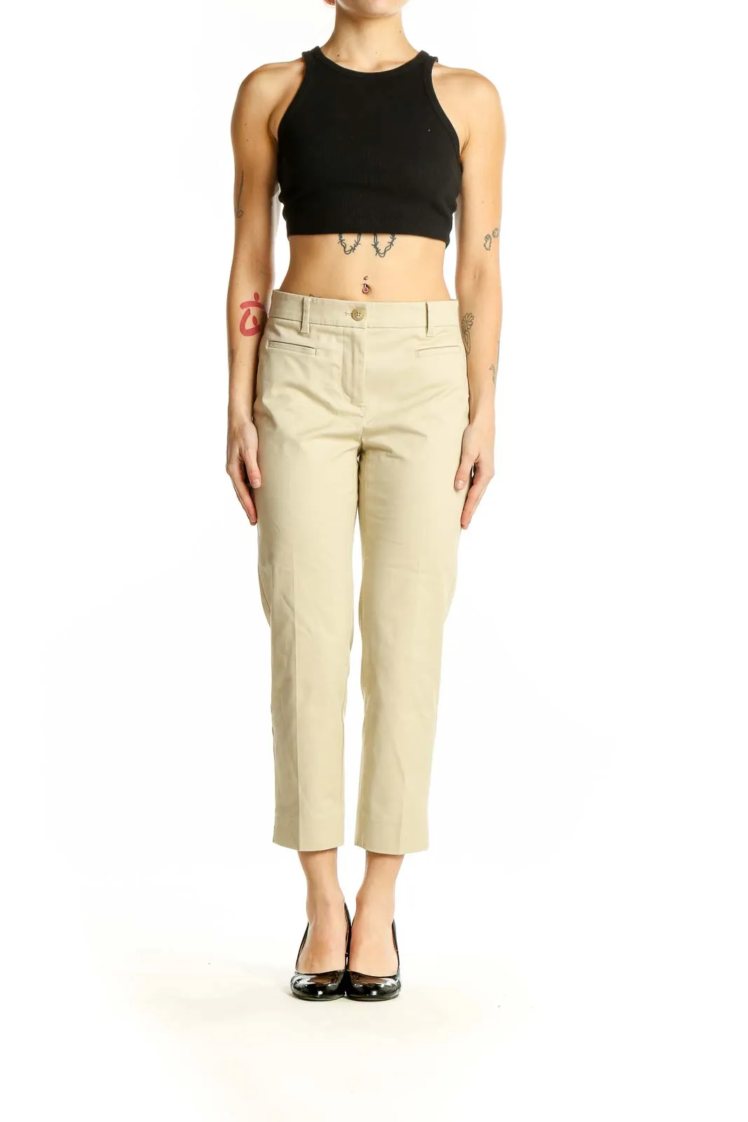 Beige Cotton-Blend Cropped Trousers