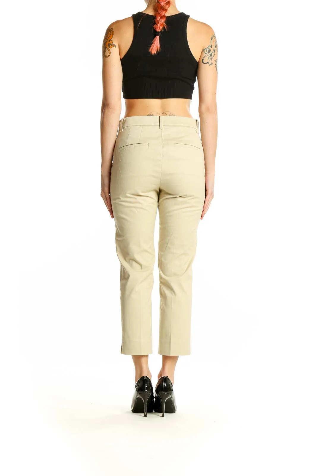 Beige Cotton-Blend Cropped Trousers