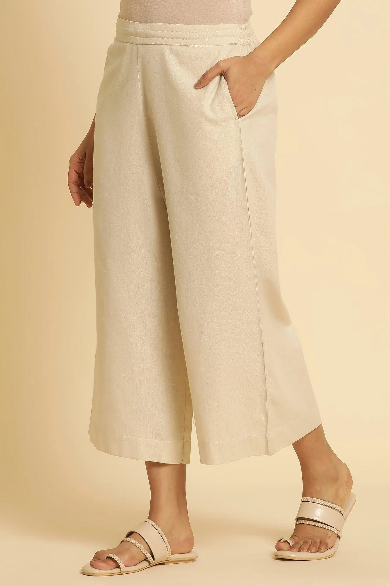 Beige Cotton Flax Flared Pants