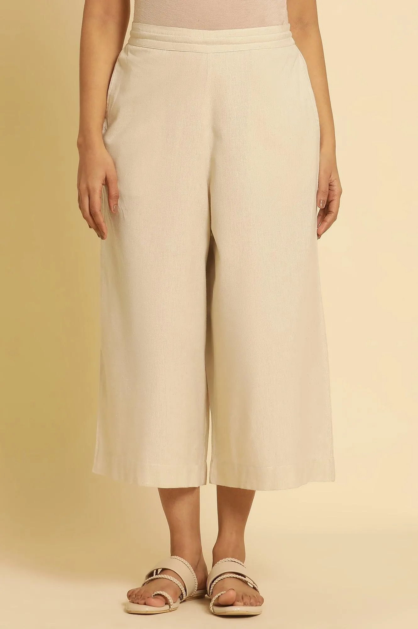 Beige Cotton Flax Flared Pants