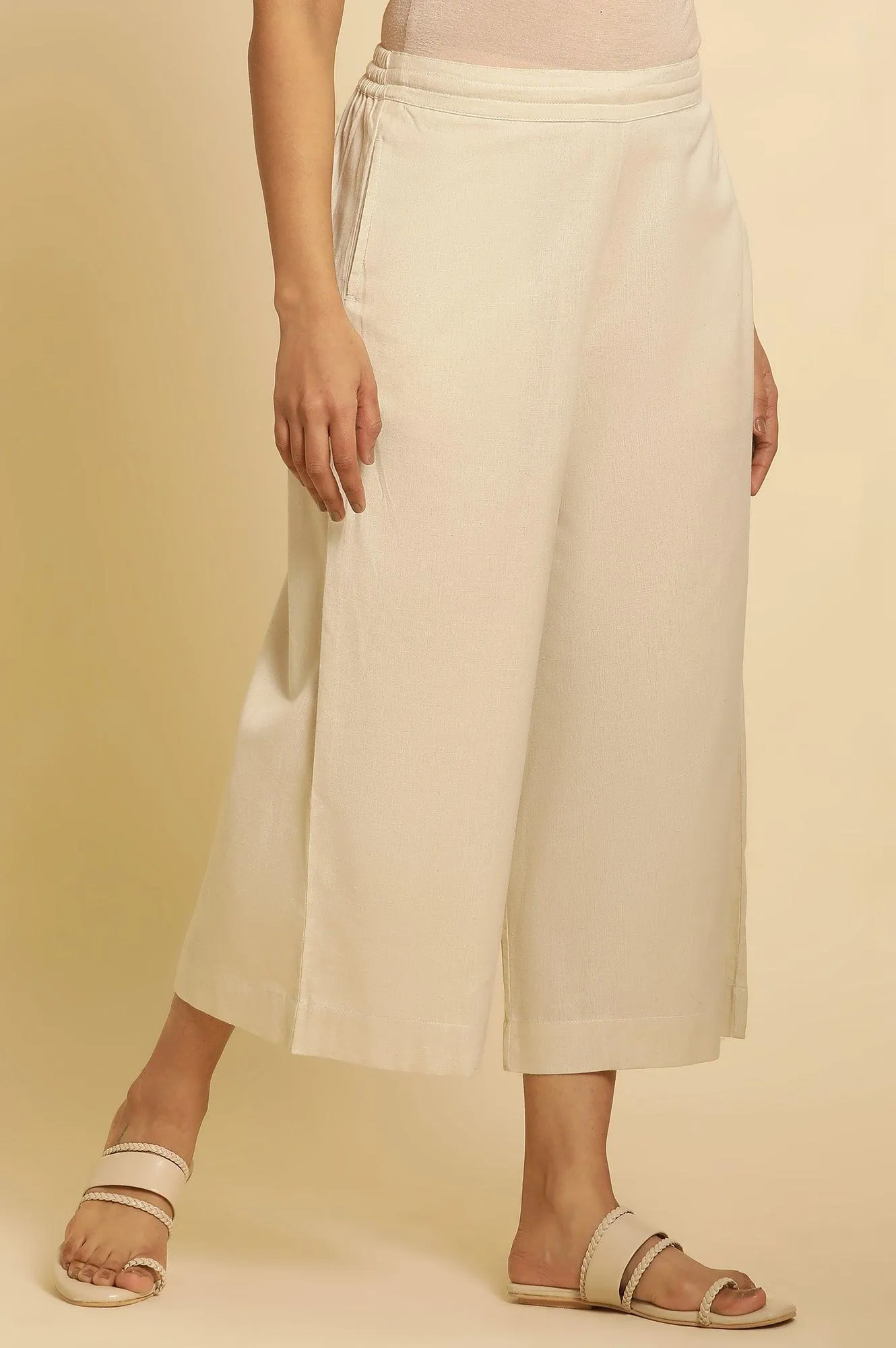 Beige Cotton Flax Flared Pants