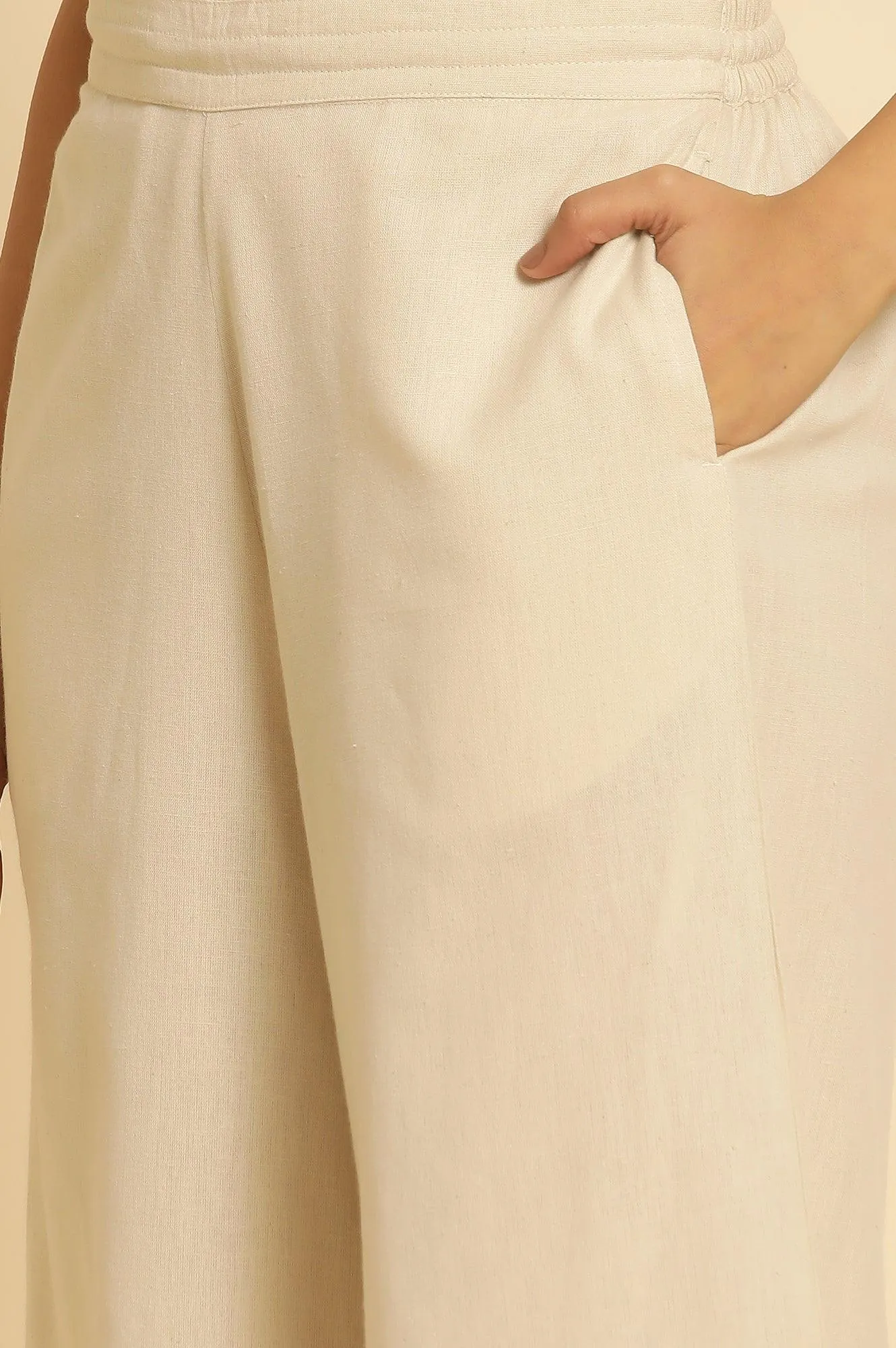 Beige Cotton Flax Flared Pants