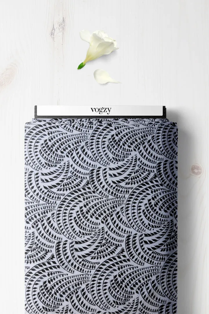 Black Off White Ornament Leaf Pattern Printed Natural Crepe Silk Fabric