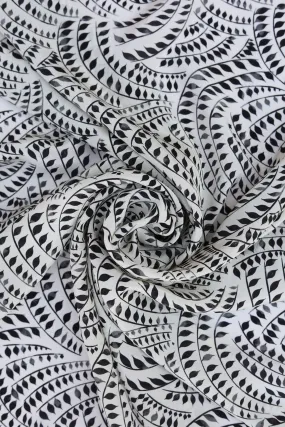 Black Off White Ornament Leaf Pattern Printed Natural Crepe Silk Fabric
