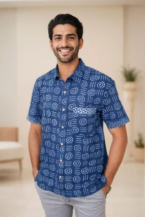 Blue Half Sleeve Indigo Hand Block Print Cotton Shirt 10074613