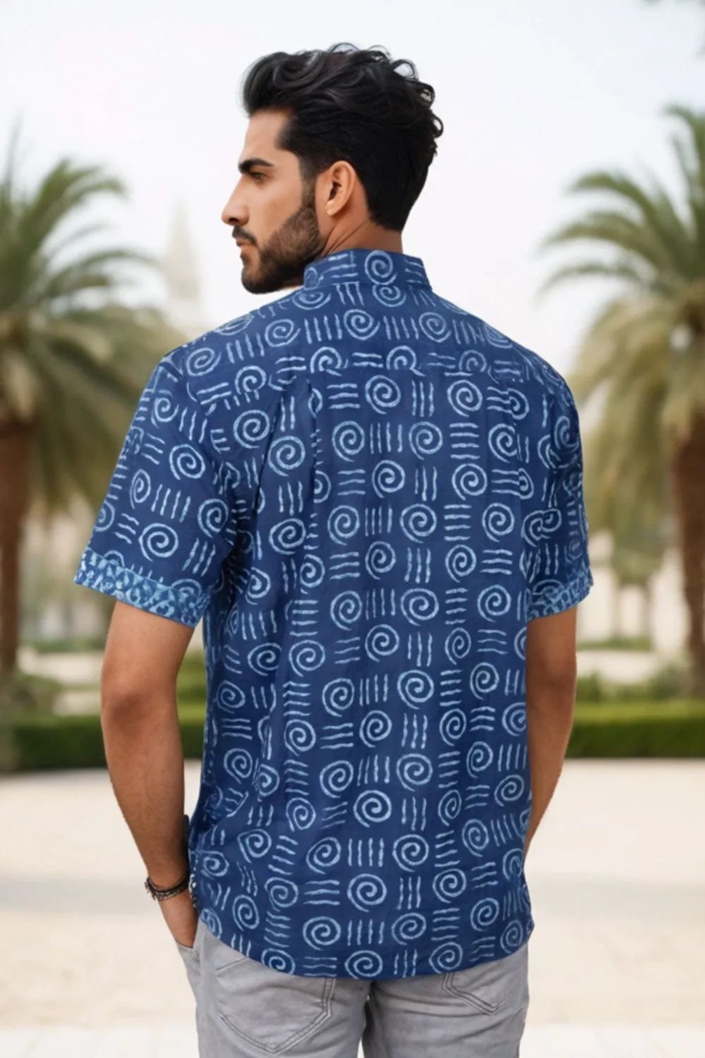 Blue Half Sleeve Indigo Hand Block Print Cotton Shirt 10074613