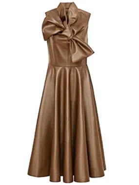 Brown Fit and Flare Midi Leather Dress Women Bow Tie Dress
