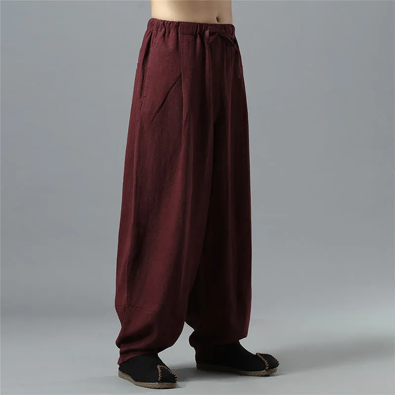 Buddha Stones Casual Solid Color Drawstring Cotton Linen Men's Pants With Pockets