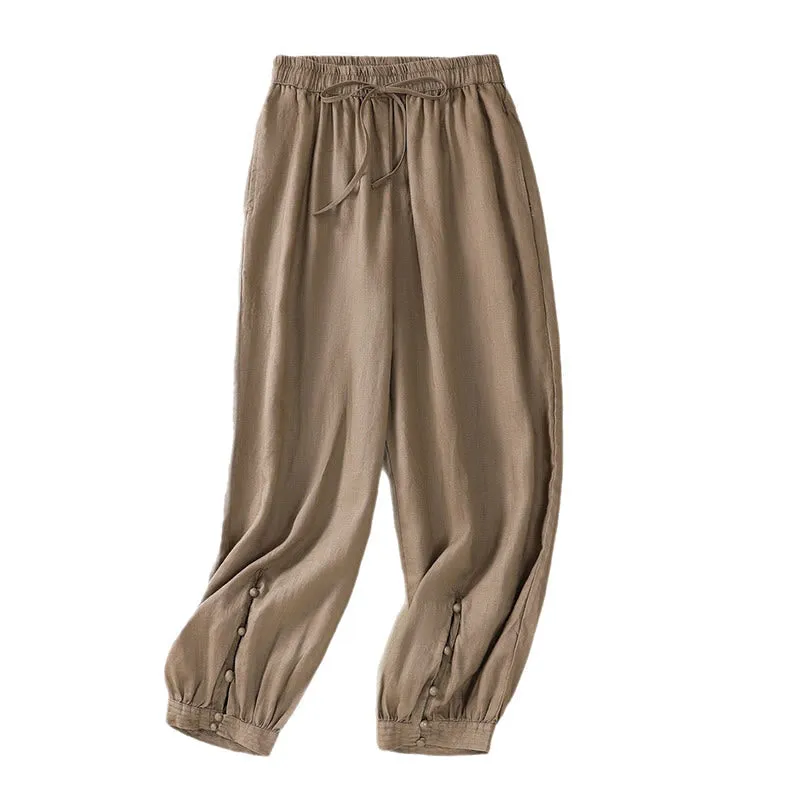 Buddha Stones Pure Color Drawstring Frog-Button Cotton Linen Women's Harem Pants With Pockets