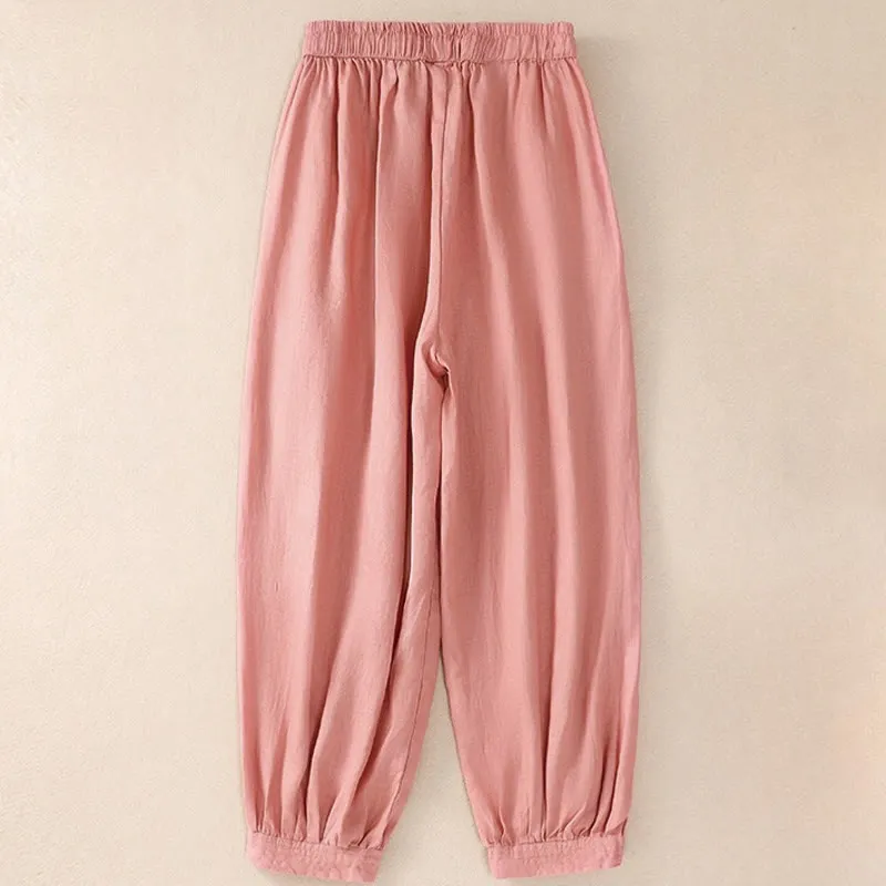Buddha Stones Pure Color Drawstring Frog-Button Cotton Linen Women's Harem Pants With Pockets