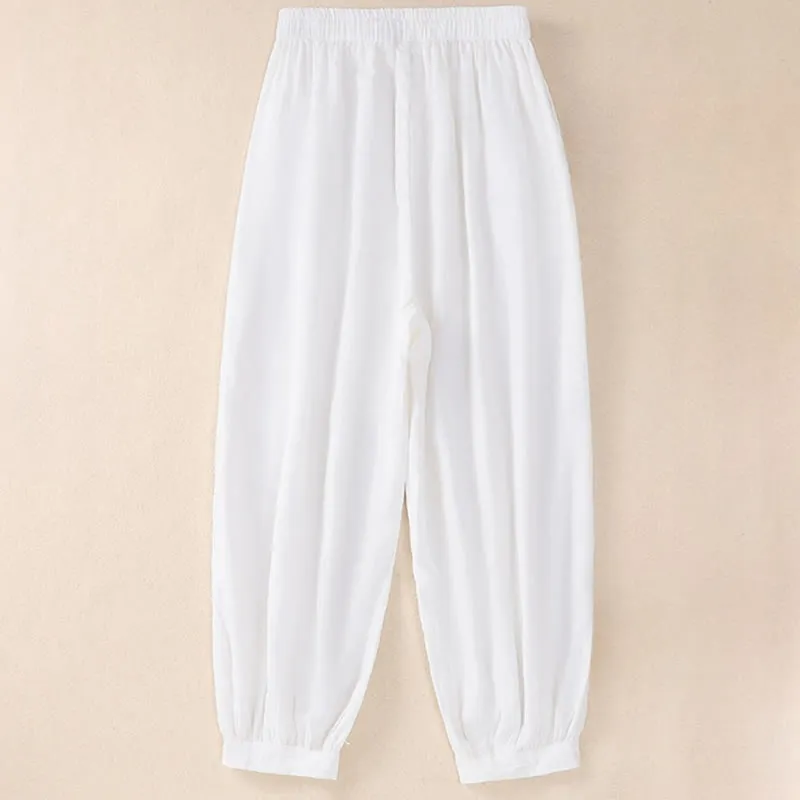 Buddha Stones Pure Color Drawstring Frog-Button Cotton Linen Women's Harem Pants With Pockets