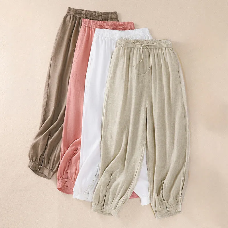 Buddha Stones Pure Color Drawstring Frog-Button Cotton Linen Women's Harem Pants With Pockets
