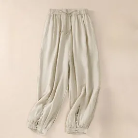 Buddha Stones Pure Color Drawstring Frog-Button Cotton Linen Women's Harem Pants With Pockets