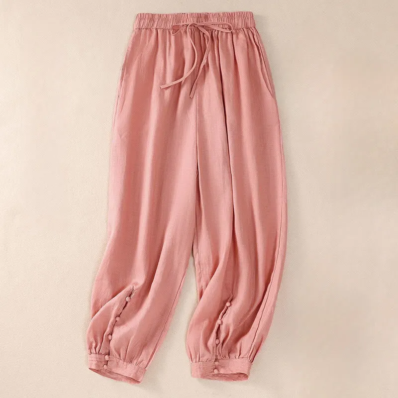 Buddha Stones Pure Color Drawstring Frog-Button Cotton Linen Women's Harem Pants With Pockets