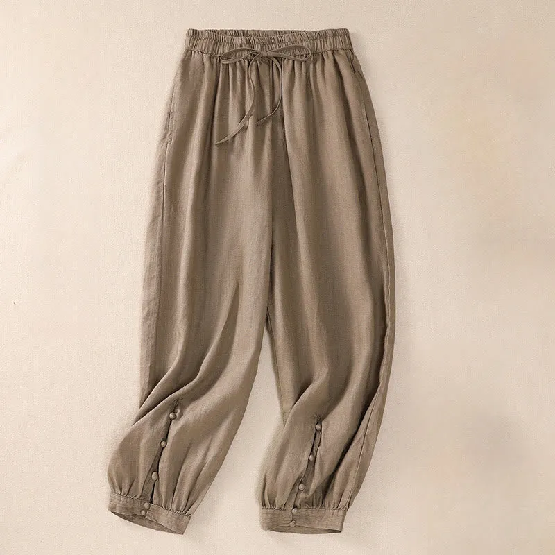 Buddha Stones Pure Color Drawstring Frog-Button Cotton Linen Women's Harem Pants With Pockets