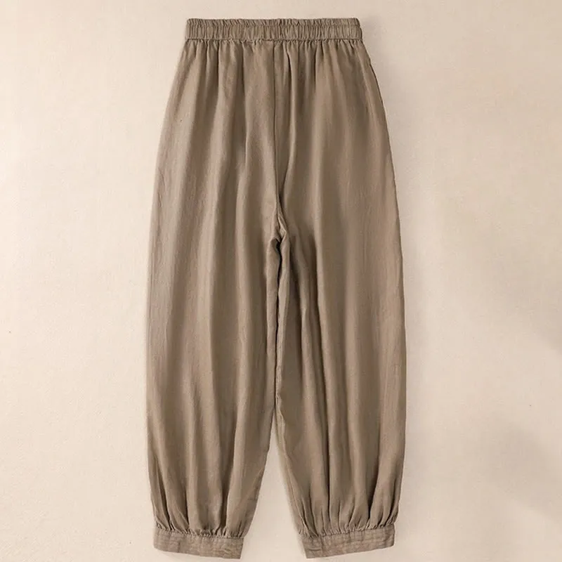 Buddha Stones Pure Color Drawstring Frog-Button Cotton Linen Women's Harem Pants With Pockets