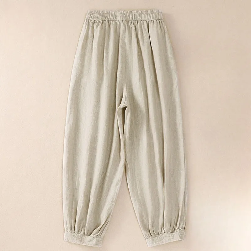 Buddha Stones Pure Color Drawstring Frog-Button Cotton Linen Women's Harem Pants With Pockets