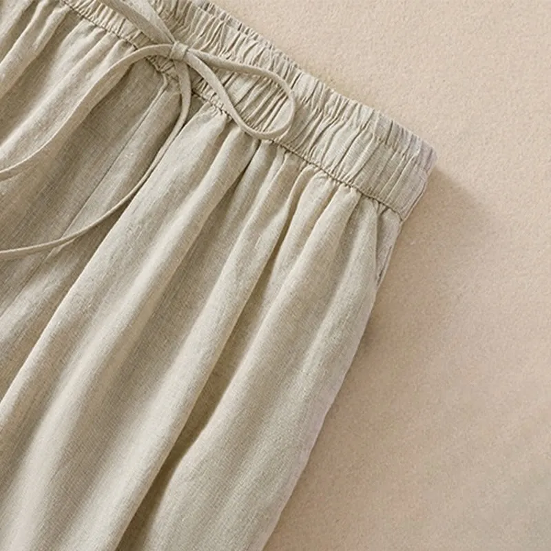 Buddha Stones Pure Color Drawstring Frog-Button Cotton Linen Women's Harem Pants With Pockets