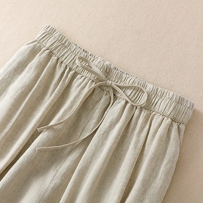 Buddha Stones Pure Color Drawstring Frog-Button Cotton Linen Women's Harem Pants With Pockets