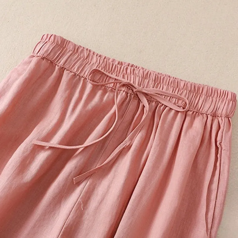 Buddha Stones Pure Color Drawstring Frog-Button Cotton Linen Women's Harem Pants With Pockets
