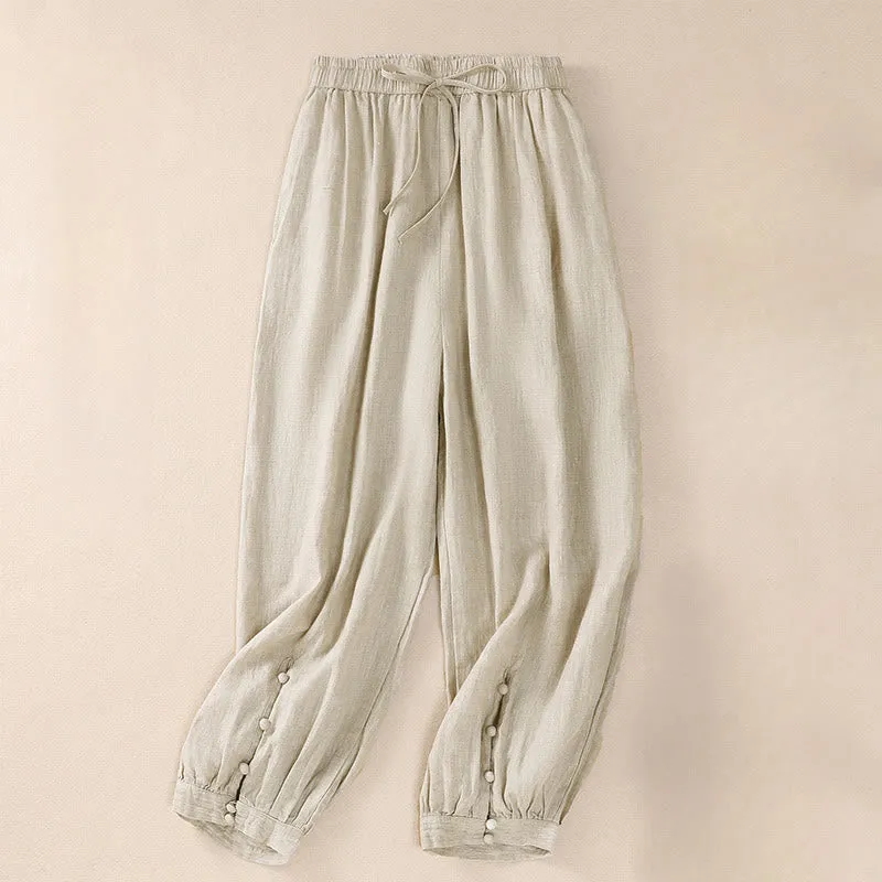 Buddha Stones Pure Color Drawstring Frog-Button Cotton Linen Women's Harem Pants With Pockets