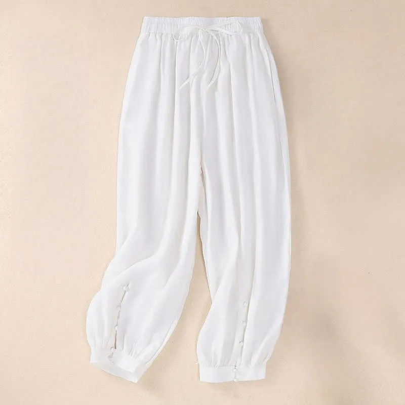 Buddha Stones Pure Color Drawstring Frog-Button Cotton Linen Women's Harem Pants With Pockets