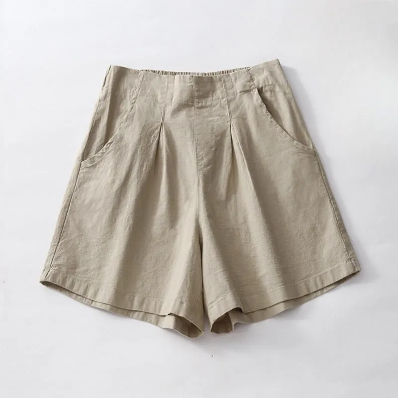 Buddha Stones Summer Casual Plain Wild Cotton Linen Women's Shorts With Pockets