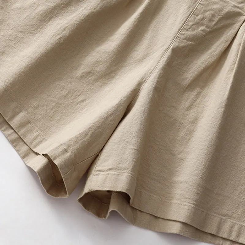 Buddha Stones Summer Casual Plain Wild Cotton Linen Women's Shorts With Pockets
