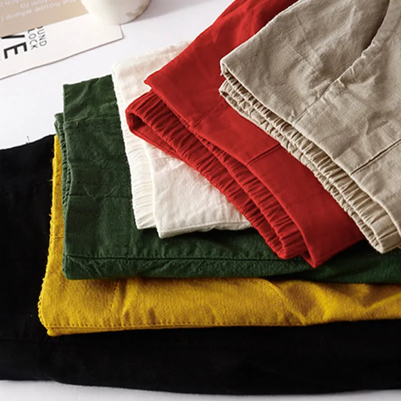 Buddha Stones Summer Casual Plain Wild Cotton Linen Women's Shorts With Pockets